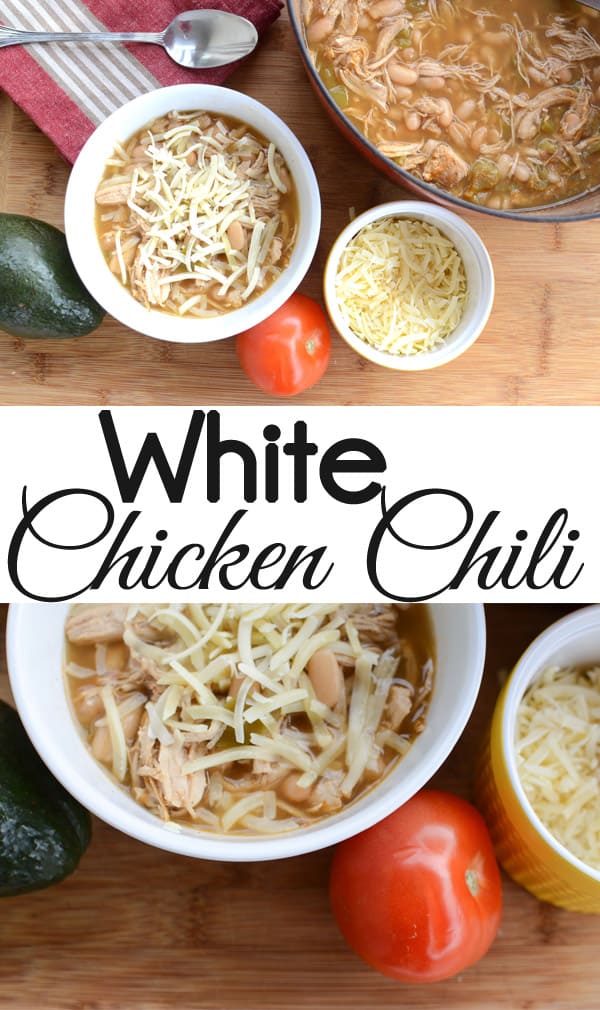 White Chicken Chili in pot and bowls