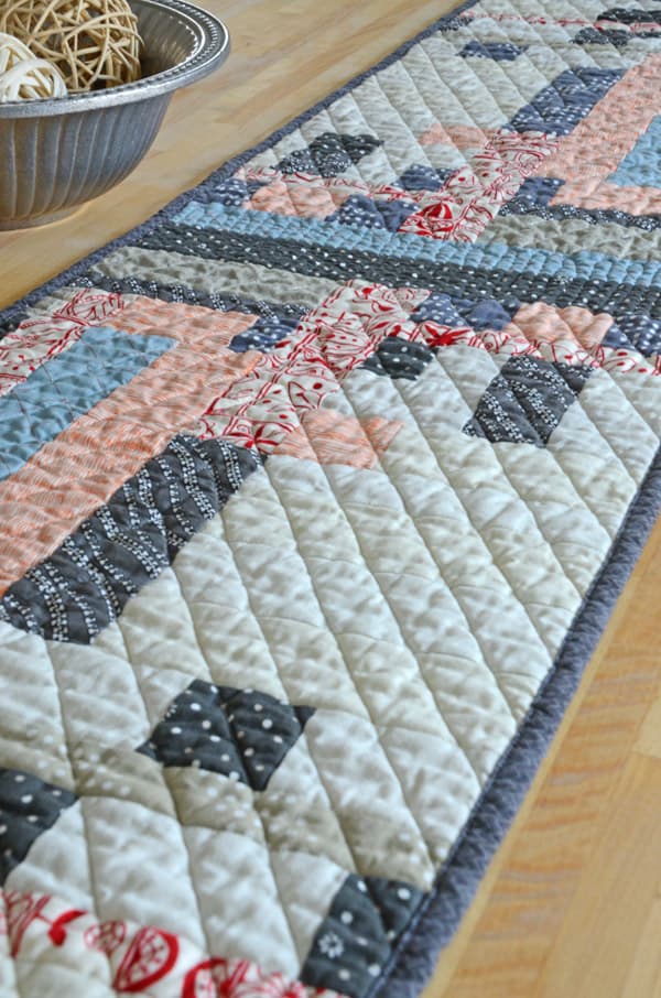 This table runner came about because of a painting I received as a gift. I love the modern geometric design in the painting and was inspired to create this modern quilted table runner using improvisational quilting methods. quilting | modern quilts | improvisational quilts