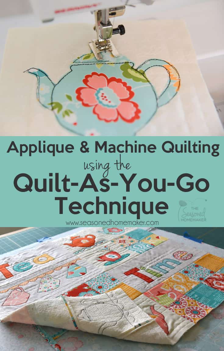 The quilt as you go technique (QAYG) simplifies quilting for beginners because it is an easy way to join quilted pieces by machine. Instead of handling bulky quilts, you will learn to quilt your project as you piece it. Quilt-as-you-go is ideal for machine appliquéd projects and this tutorial will walk you through this easy quilting method. Try it out on a simple mug rug project and you’ll be hooked. #howtoquilt #easyquilts #quiltasyougo | seasonedhomemaker.com